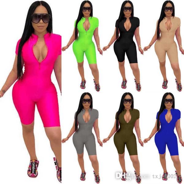 

3xl 4xl plus size jumpsuits women onesies designer clothing summer v-neck zipper rompers bodycon shorts sleeveless capris, Black;white