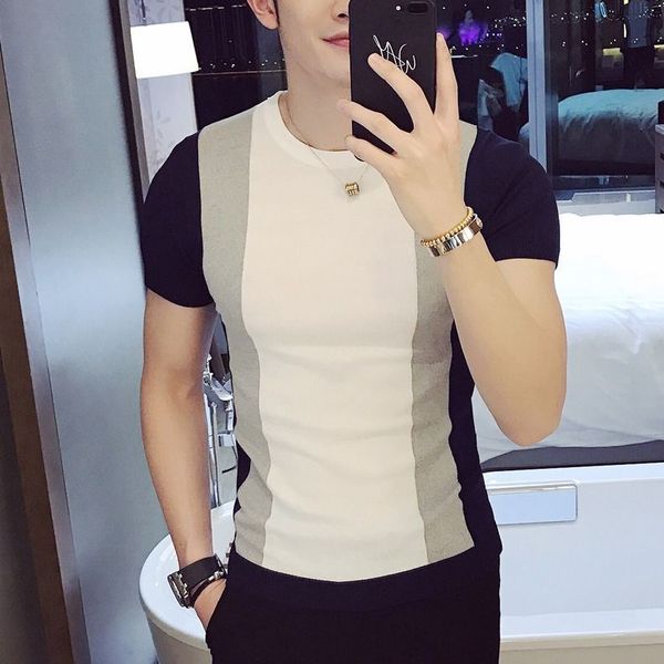 

men's t-shirts fashion spring summer men short sleeve thin ice silk knitted t-shirts casual slim fit contrast color striped tees b197 2, White;black