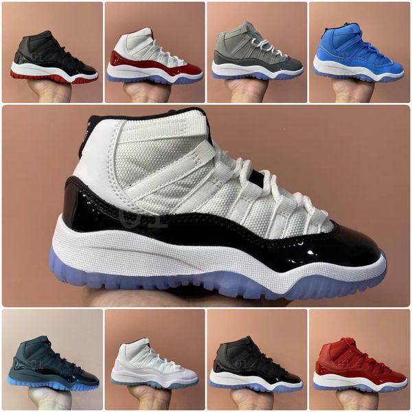 

kids 11 jumpman 11s cool grey basketball shoes air michael space jam bred concord blue cherry 25th anniversary xi children boy girl sneakers, Black