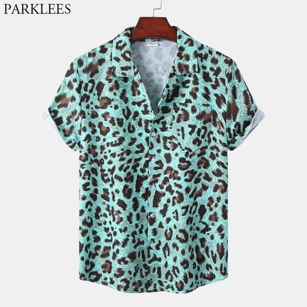 

men's casual shirts leopard print mens hawaiian shirt summer short seleeve quick dry beach shirts men holiday aloha rock party shirt 23, White;black