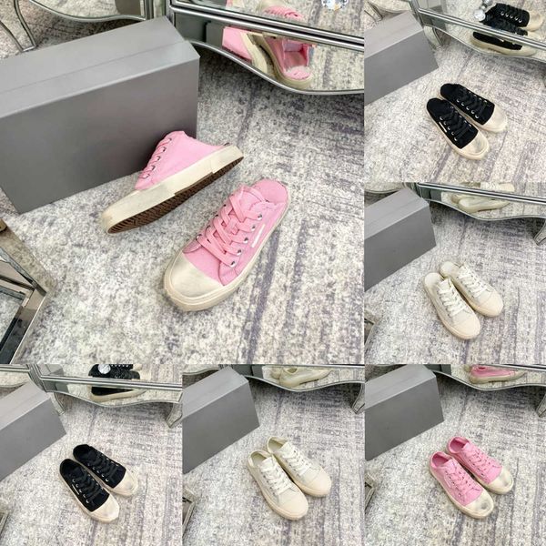 

classic new vintage distressed canvas shoes paris high mules wash destroyed old effect vulcanized sole half slippers black white red couple