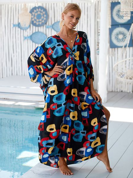

women's swimwear printed boho long kaftan bikini cover up for women beach wrap dress tunic robe de plage summer female holiday beachwea, White;black