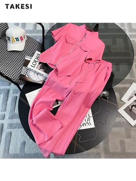 

women's two piece pants summer sporty casaul two-piece set women short sleeve zipper coat elastic waist drawstring trousers solid pants, White