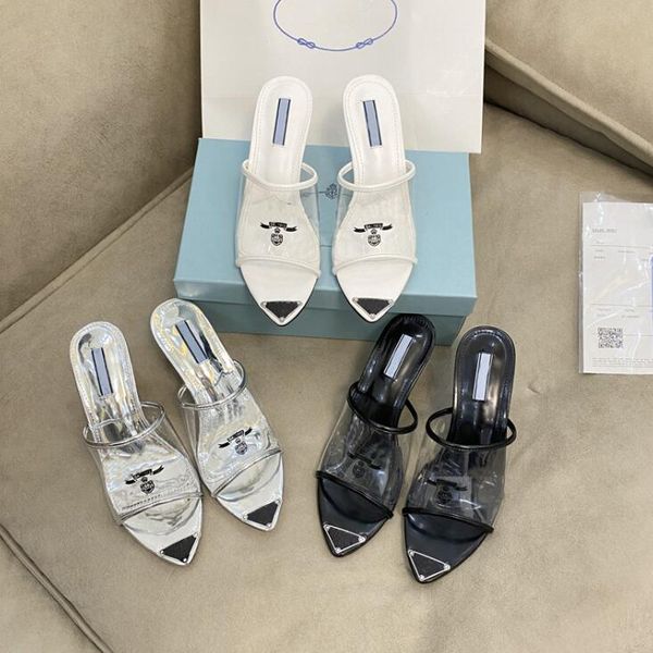 

triangle label pvc transparent film a flip-flops female summer outside wear p leather home fine heel pointed high with open toe sandals, Black