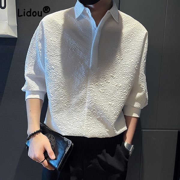 

men's casual shirts fashion summer solid color button decorate pullover shirt man 34 sleeve pointed collar temperament 230511, White;black