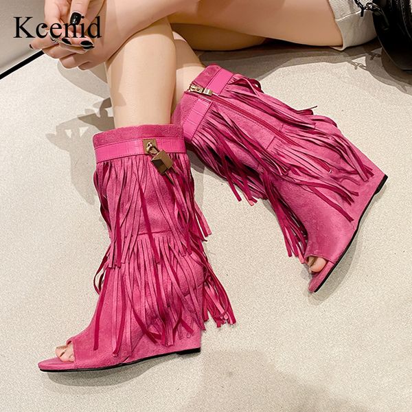 

boots kcenid trendy fold design shoes fringe wedges boot woman high heels peep toe party prom shoes zipper female pumps 230511, Black
