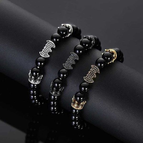 

mens bracelet glossy black beads micro inlaid bat small crown set, Golden;silver