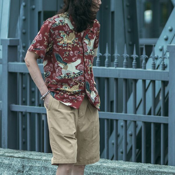 

men's casual shirts non stock men's japanese style tiger pattern casual wine red khaki short sleeve aloha shirt male retro streetw, White;black