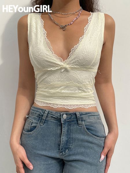 

women's tanks camis heyoungirl v neck lacework tee sleeveless cute bow casual summer tank female elegant crop vest streetwear 230511, White