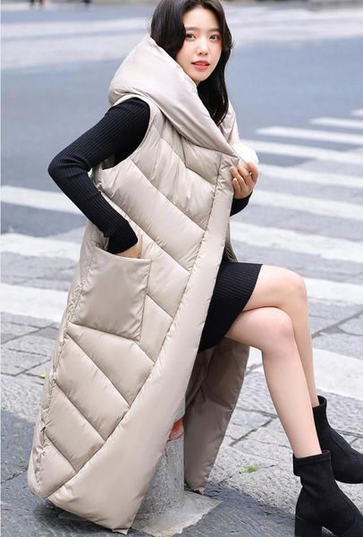 

women's long quilted vest hooded maxi length sleeveless puffer vest padded coat winter outerwear, Black