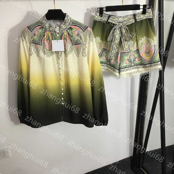 

23ss womens designer clothing women set shirt set vintage print gradual color change stand-up collar long sleeve lace-up waist shorts set wo, White