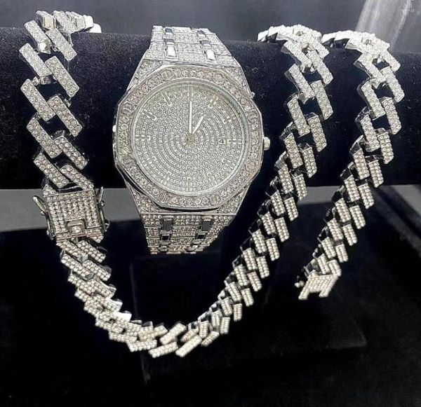 

chains 3pcs iced out watches for men gold watch 15mm cuban link bracelet necklaces diamond hip hop jewelry man clock8438601, Silver