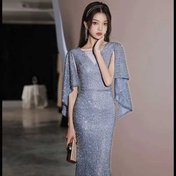 

high end gray long evening dress with new banquet style elegant fishtail v-neck large sleeve fat performance dress, Black;pink