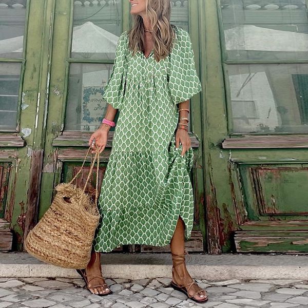 

casual dresses women dress summer puff sleeve boho v neck printing long dress loose holiday beach female casual floral dresses party vestido, Black;gray
