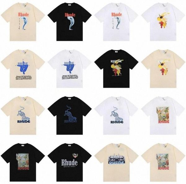 

summer rhude brand printed t shirt men women round neck t-shirts spring summer high street style quality tees rhude asian size s-xl camiseta, White;black