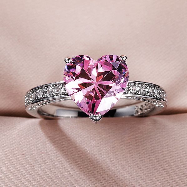 

heart cut aaaaa pink zircon promise ring silver color engagement wedding band rings for women bridal party jewelry gift, Slivery;golden