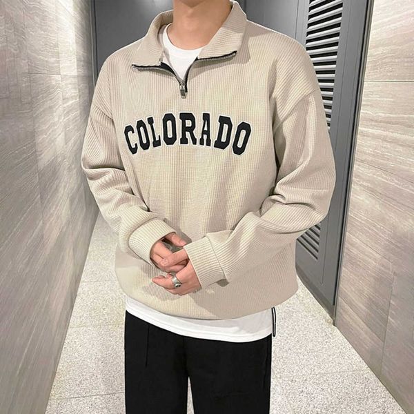 

myq half zip sweater men's spring new american loose letter embroidered lapel pullover category}, Black