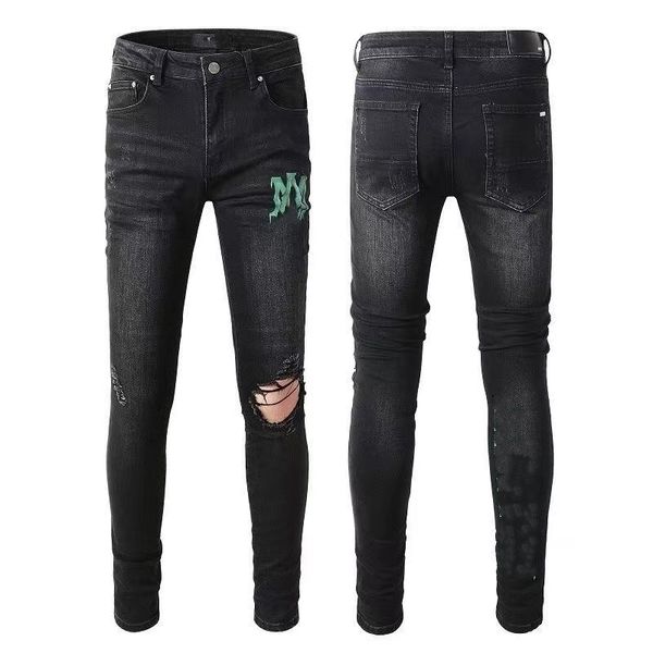 

designer mens jeans denim high street embroidery pants fashion holes trouser hip hop distressed zipper trousers for male 2023 181me5, Blue