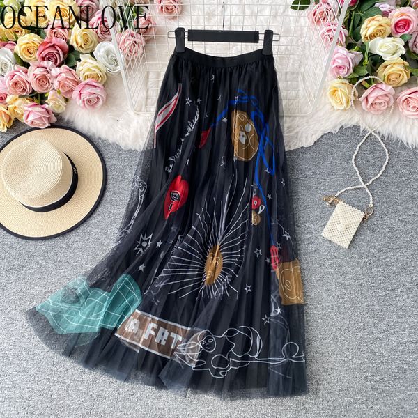 

skirts oceanlove high waist skirts women print mesh a-line all match mujer faldas korean vintage fashion long skirt clothing 17449 230511, Black