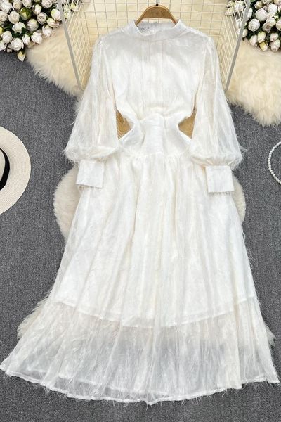 

casual dresses spring and summer french style solid color a-line dress fashion stand collar waist slim temperament tassel, Black;gray