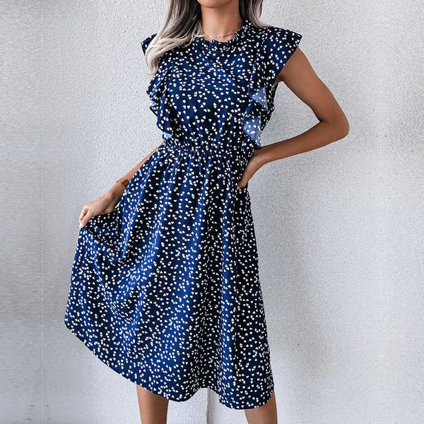 

casual dresses ficusrong vintage butterfly sleeve ruffles heart dot print dress women medium long chiffon ladies spring summer dress 230511, Black;gray