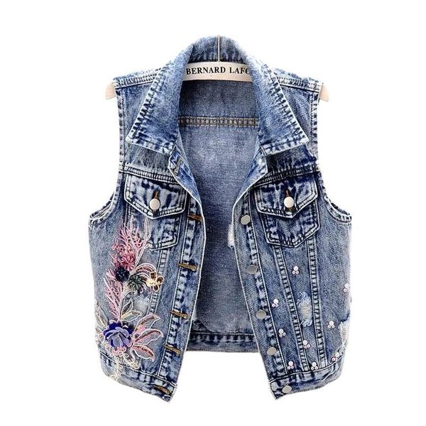 

women's vests spring autumn vest waistcoat female korean beaded flower denim vest women's short sleeveless jeans coat jacket 23051, Black;white