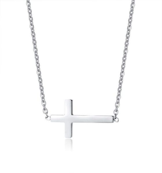 

women stainless steel petite sideways horizontal cross pendant necklace9732333, Silver