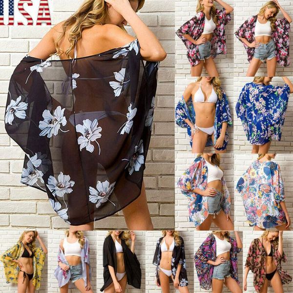 

swimwear 2020 new fashion women ladies floral beach kimono blouse chiffon cardigan shawl bikini cover up beachwear kaftan short dress, White;black