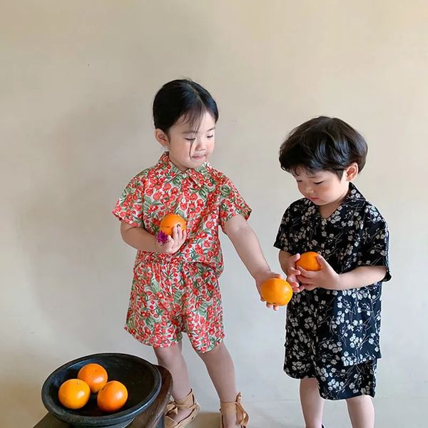 

clothing sets brother sister toddler kid chiffon set summer floral short sleeved shirt shorts baby boy girls korean holiday 2pcs suit 230511, White