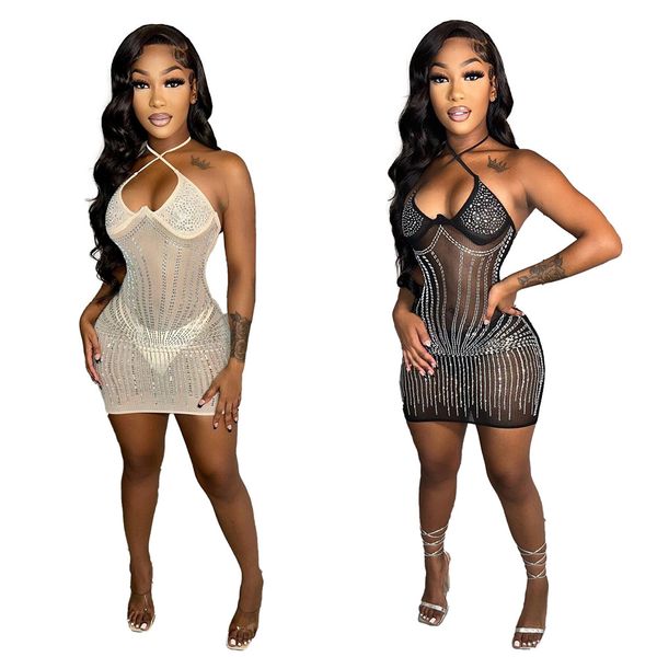 

2023 designer rhinestone mini see-through dresses summer y2k trend strapless sleeveless bodycon dress nightclub women clothing wholesale bul, Black;gray