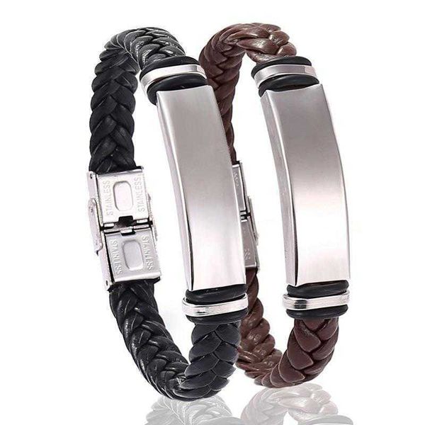 

stainless steel woven leather bracelet punk titanium mens, Golden;silver