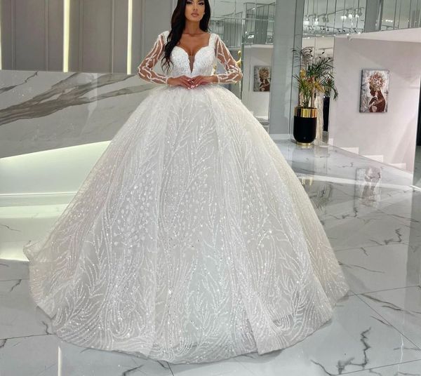 

elegant ball gown wedding dresses long sleeves v neck sequins zipper applique ruffles bridal gowns beads 3d lace formal dress plus size cust, White