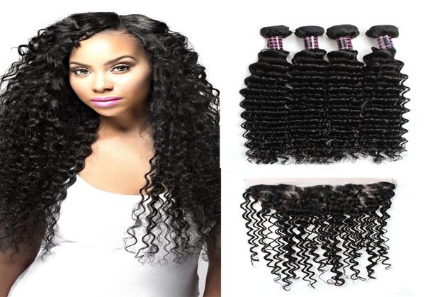 

whole 10a brazilian deep wave 4bundles with 134 lace frontal peruvian malaysian indian virgin human hair products 3063258, Black