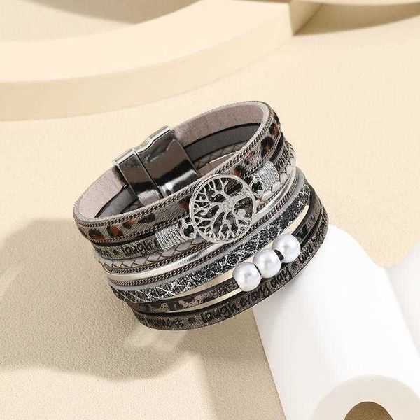 

bohemian leather bracelet layered retro tree pearl hand woven magnetic snap ornament, Golden;silver
