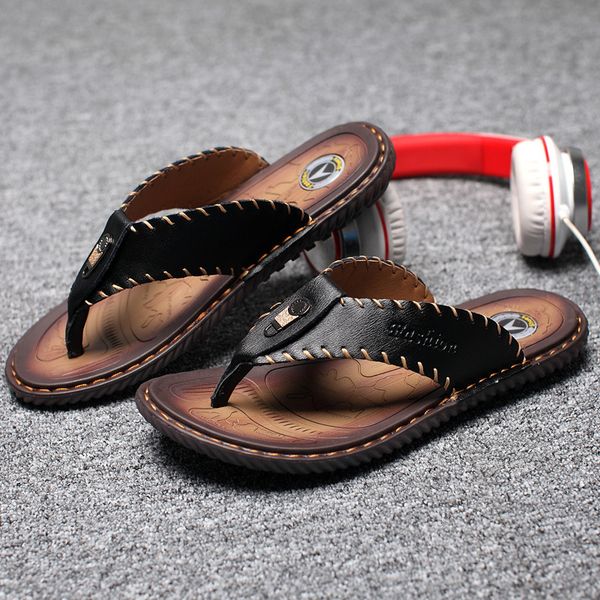 

slippers luxury brand leather summer men beach sandals comfort casual shoes fashion flip flops sell footwear 38 230510, Black