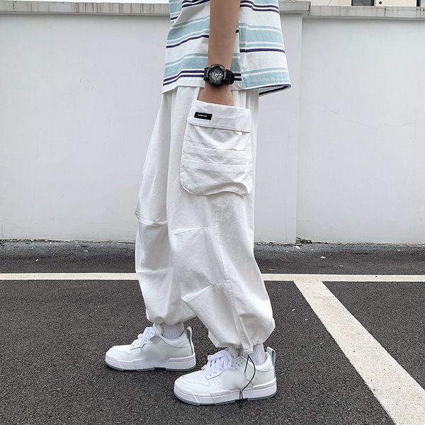 

godlikeu mens summer white cargo pants male street big pockets casual loose trousers, Black