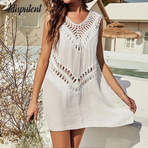 

swimwear 2022 hollow out beach dress women v neck sleeveless crochet swimsuit cover up vestidos female bathing suit, White;black