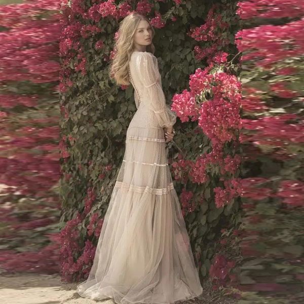 

party dresses light champagne aline celebrity dress elegant dotte tulle women prom puff long sleeve o neck lace 2023 230510, White;black