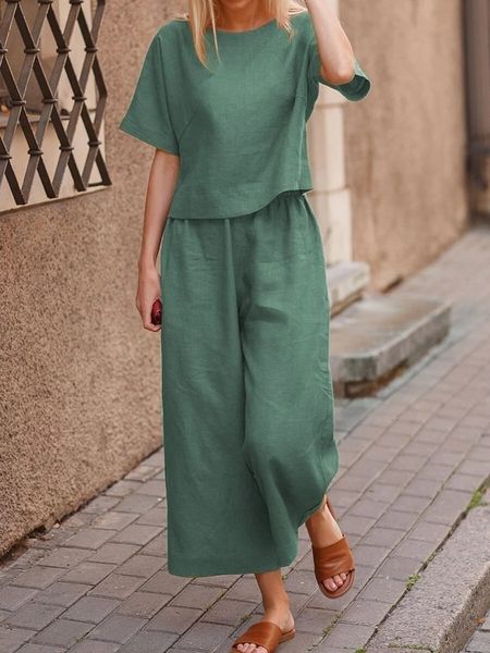 

women's two piece pants cotton women's suit pantsuit loose o-neck wide-leg trouser suits female autumn fashion casual black set la, White