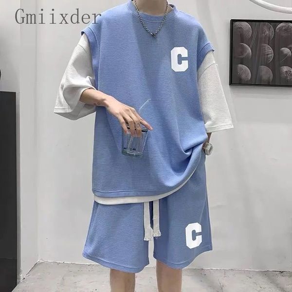 

men's tracksuits waffle casual sports suit for men women 2023ss patchwork two pieces set trendy short sleeved tshirts letter shorts str, Gray