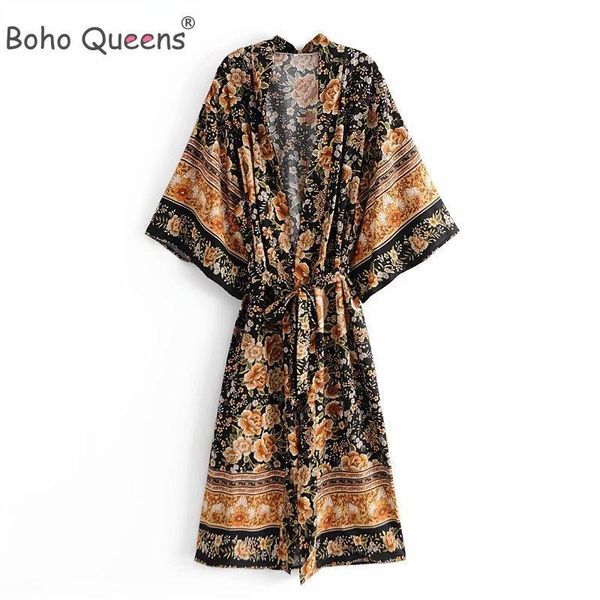 

swimwear boho queens floral print sashes bohemian vintage chic women kimono ladies v neck batwing sleeves maxi bikini robe coverups, White;black