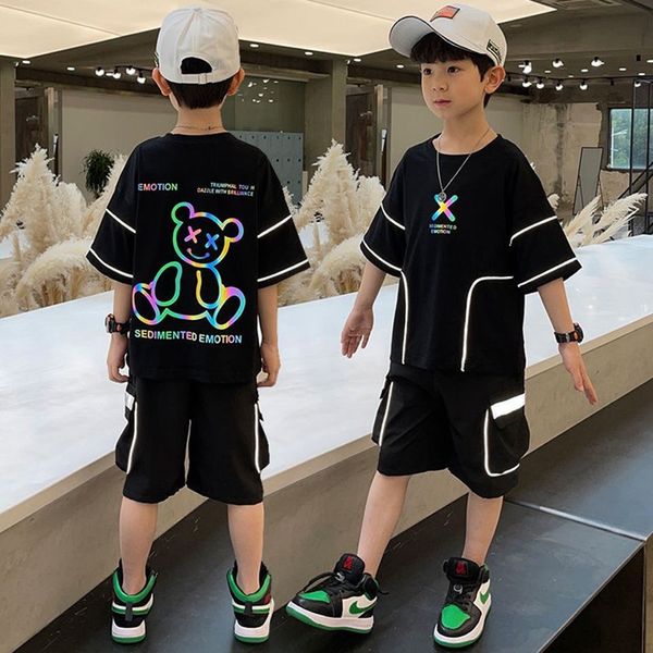 

setssuits boys clothes set short sleeve tshirt cargo pants summer kid sports suit children reflective bear pattern clothing outfits teen 230