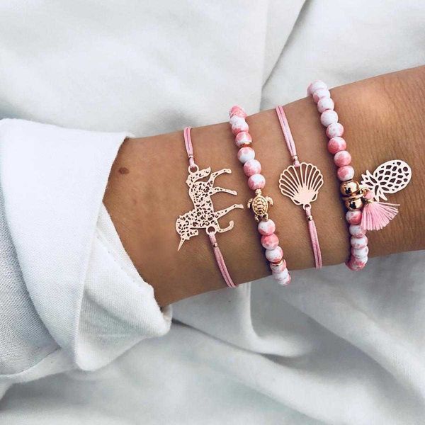 

unicorn pineapple combination strand bracelet fashion hollowed out four piece pink and white series beaded, Black
