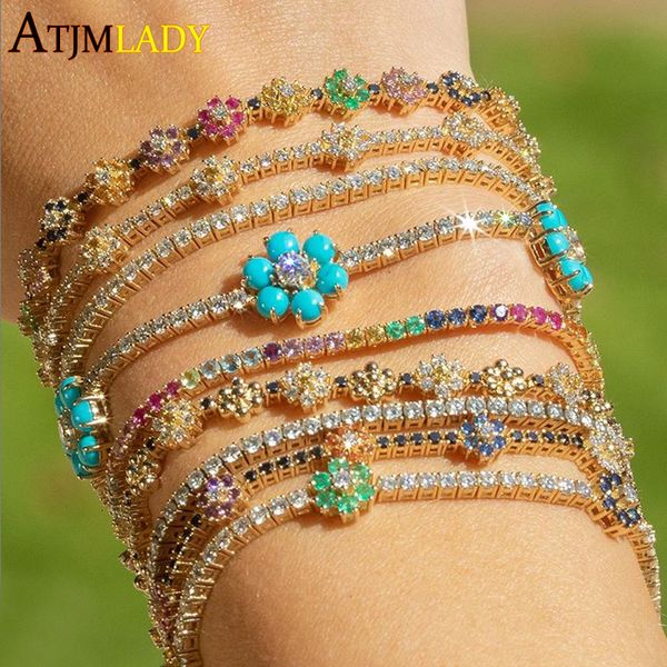 

chain arrived rainbow cz colorful flower tennis link bracelet for women girls iced out bling paved daisy 230511, Black
