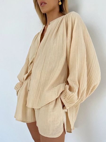 

women's two piece pants jyate elegant long sleeve blouses set of fashion pieces for women summer apricot shorts sets casual loose suits, White