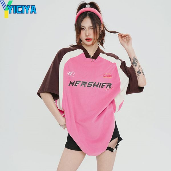 

women's t shirt yiciya kaus y2k atasan wanita t shirt ukuran besar lengan pendek kerah v amerika crop mobil balap pakaian 230510, White