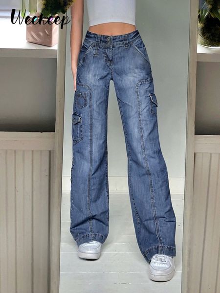 

women s jeans weekeep y2k streetwear women high waist wide leg pockets patchwork baggy cargo pants vintage denim s fairycore 230511, Blue