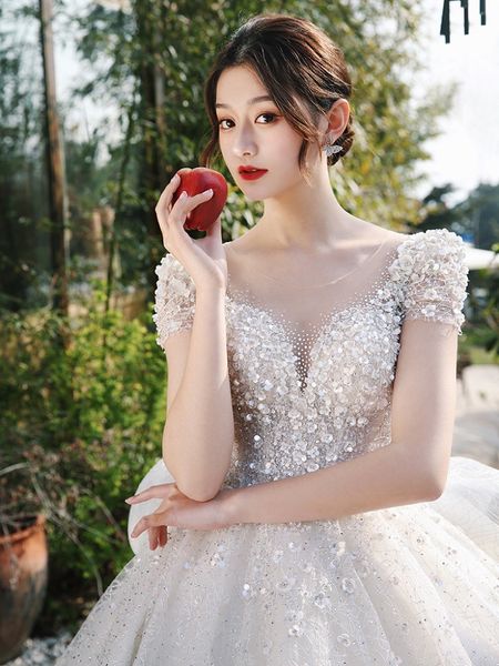 

luxury white wedding dress illusion o neck short sleeve applique beading tulle sequined ruffle elegant ball bridal gowns 2023