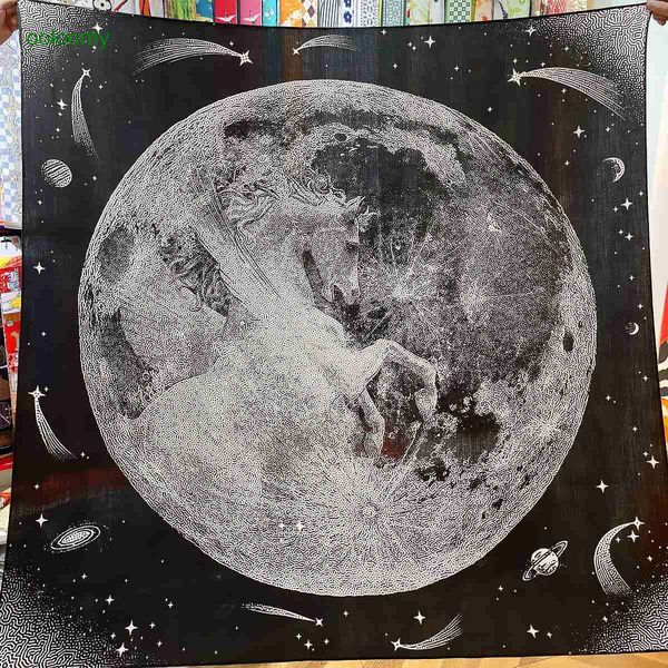 

hemres designer scarves autumn and winter starry sky moon silk wool blended large square 130cm light luxury gift scarf double sided printed, Blue;gray