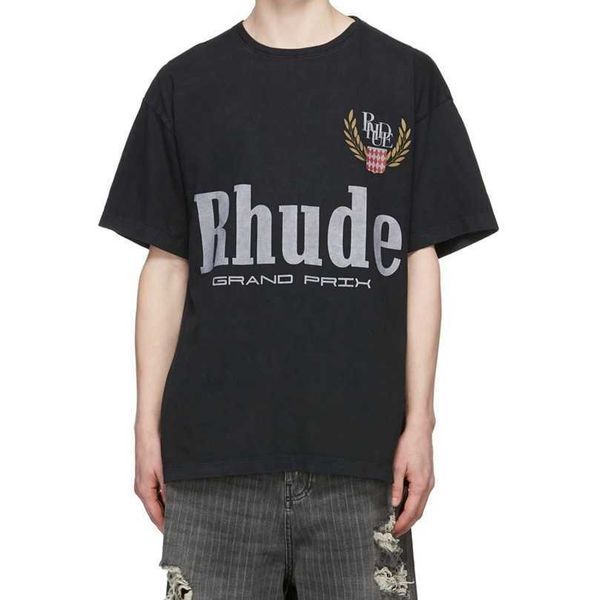 

chaopai gaojie american rhude t-shirt grand prix lettered printed men's casual round neck cotton short sleeve t-shirt, White;black